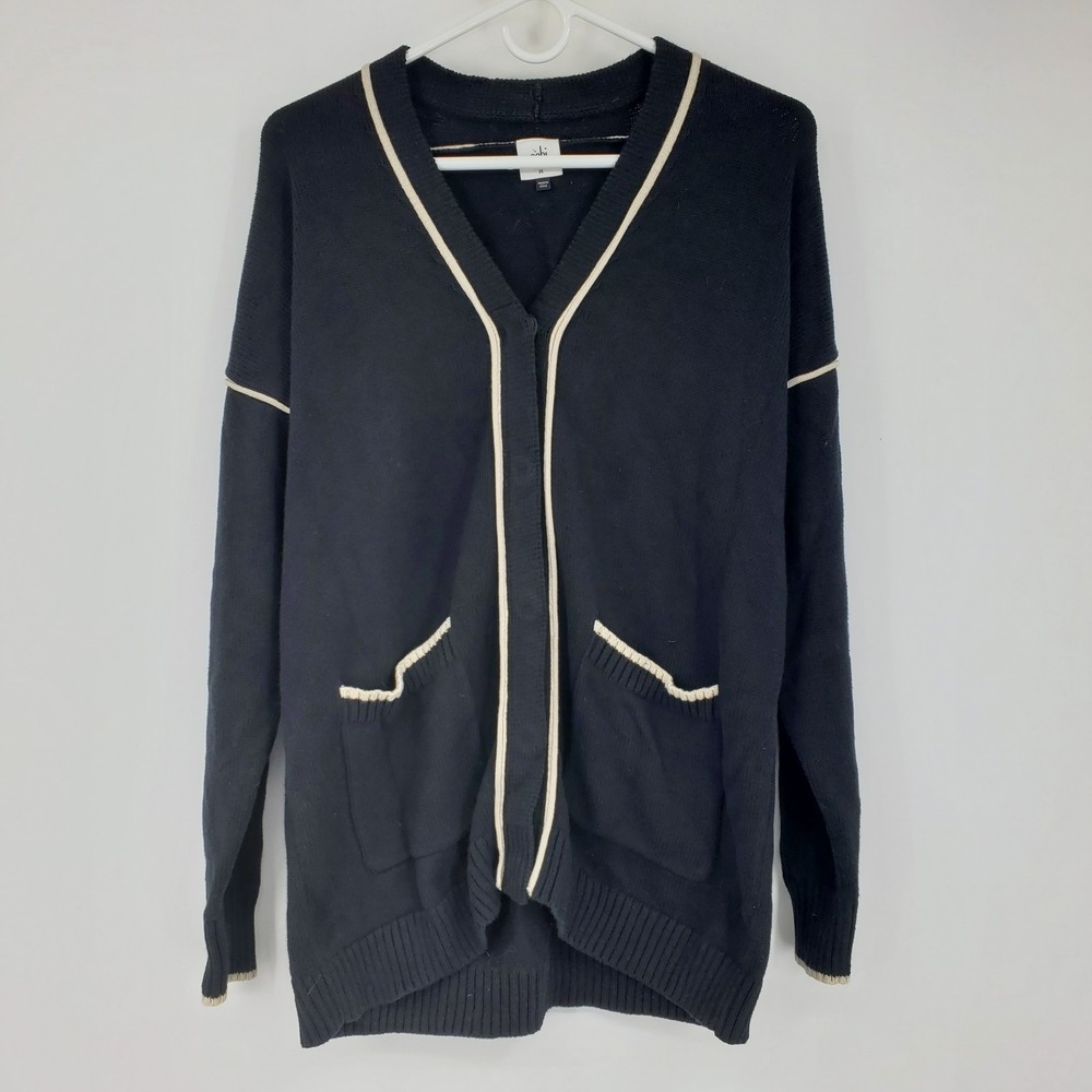 Cabi Black Cream Trimmed V-Neck Snap Comfort Cardigan Sweater Medium